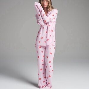 Skims Pink Pajama Set with Red Lip Print